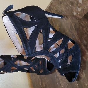 Miu Miu suede peep toe caged heels